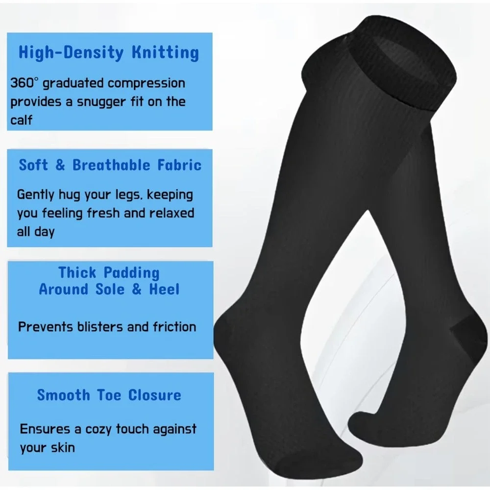 Unisex 20-30 mmHg Compression Socks XXL Knee High Medical Black Rib 2 Pack NEW